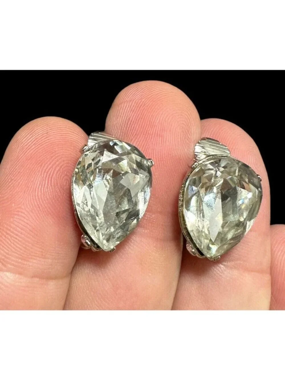 Kenneth Jay Lane Crystal Earrings Teardrop Silver Tone Clip On Vintage - Picture 3 of 6